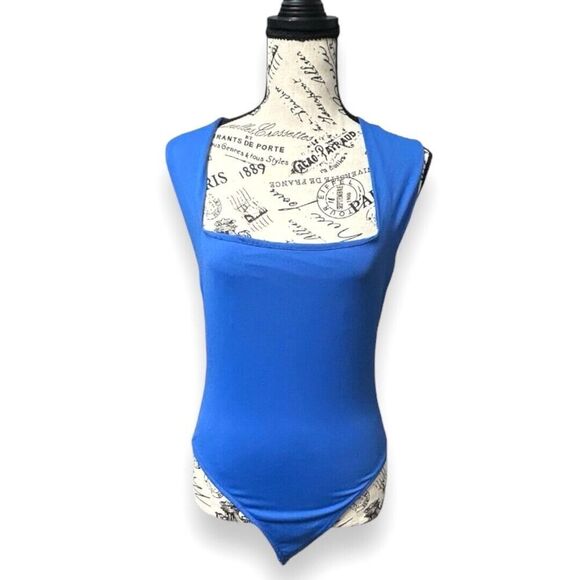 Zara L Blue Bodysuit Square Neck Sleeveless Tank Top Stretch Fitted Minimal NWT - Picture 2 of 10